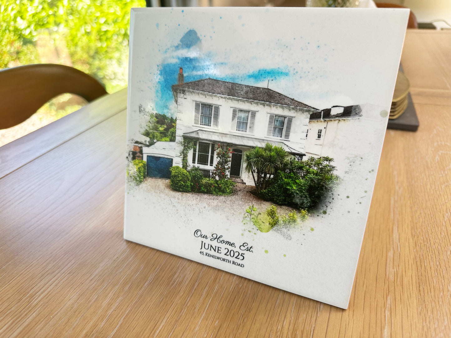 Personalised New Home / House Watercolour Style Artwork on Mounted Ceramic Tile