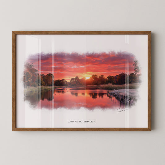 Kenilworth, Warwickshire Local Landmark Print - Abbey Fields Sunset by Simon Lambert. Framed or Unframed Print Various Sizes