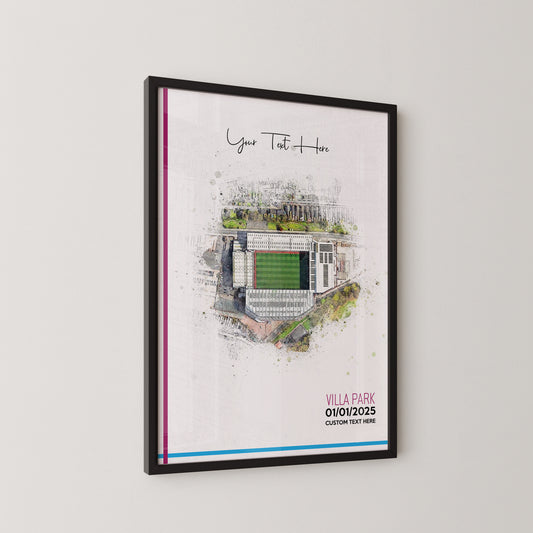 Aston Villa, 'Villa Park' Football Stadium Poster Artwork, Personalised Watercolour Art Print, Custom Aerial Layout - Framing options available ANY STADIUM Worldwide.