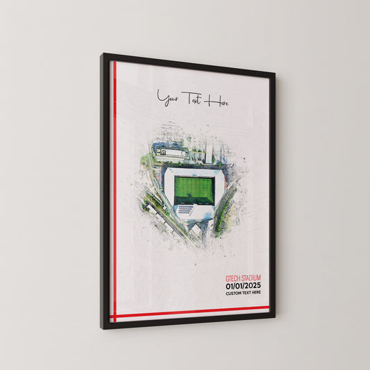 Brentford, 'Gtech Stadium' Football Stadium Poster Artwork, Personalised Watercolour Art Print, Custom Aerial Layout - Framing options available ANY STADIUM Worldwide.
