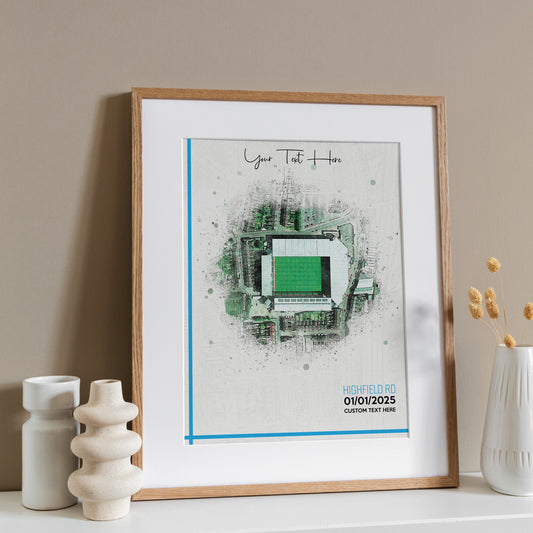 Coventry, 'Highfield Road' Football Stadium Poster Artwork, Personalised Watercolour Art Print, Custom Aerial Layout - Framing options available ANY STADIUM Worldwide.