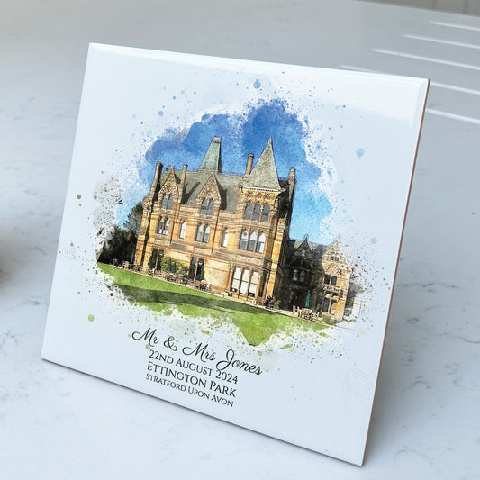 Personalised Wedding Venue / Anniversary Watercolour Style Artwork on Mounted Ceramic Tile