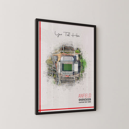 Liverpool, 'Anfield' Football Stadium Poster Artwork, Personalised Watercolour Art Print, Custom Aerial Layout - Framing options available ANY STADIUM Worldwide. (Copy)