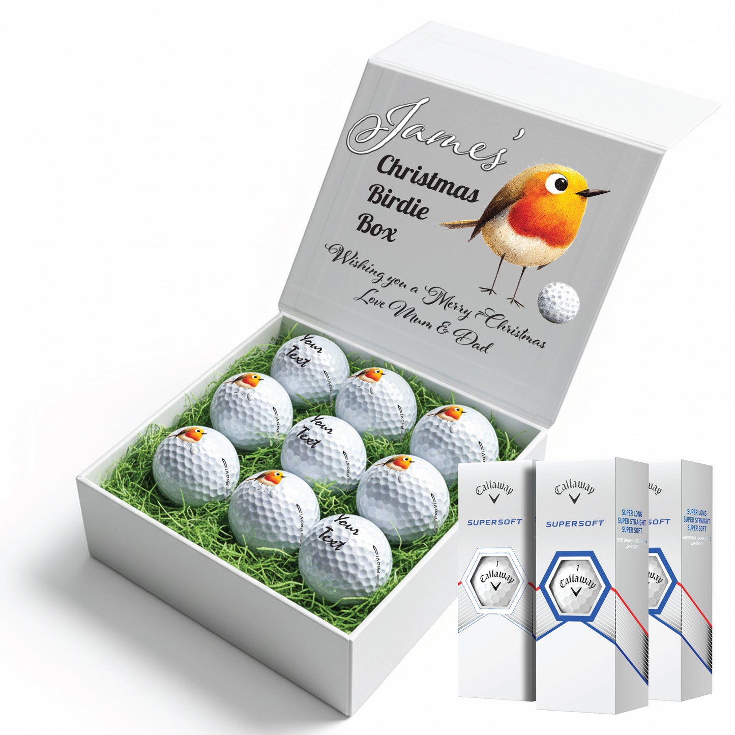 Christmas Design 2 Personalised Branded 9 Golf Ball Set in Customised Box - Themed Golfer's Gift, Father's Day, Retirement, Birthday
