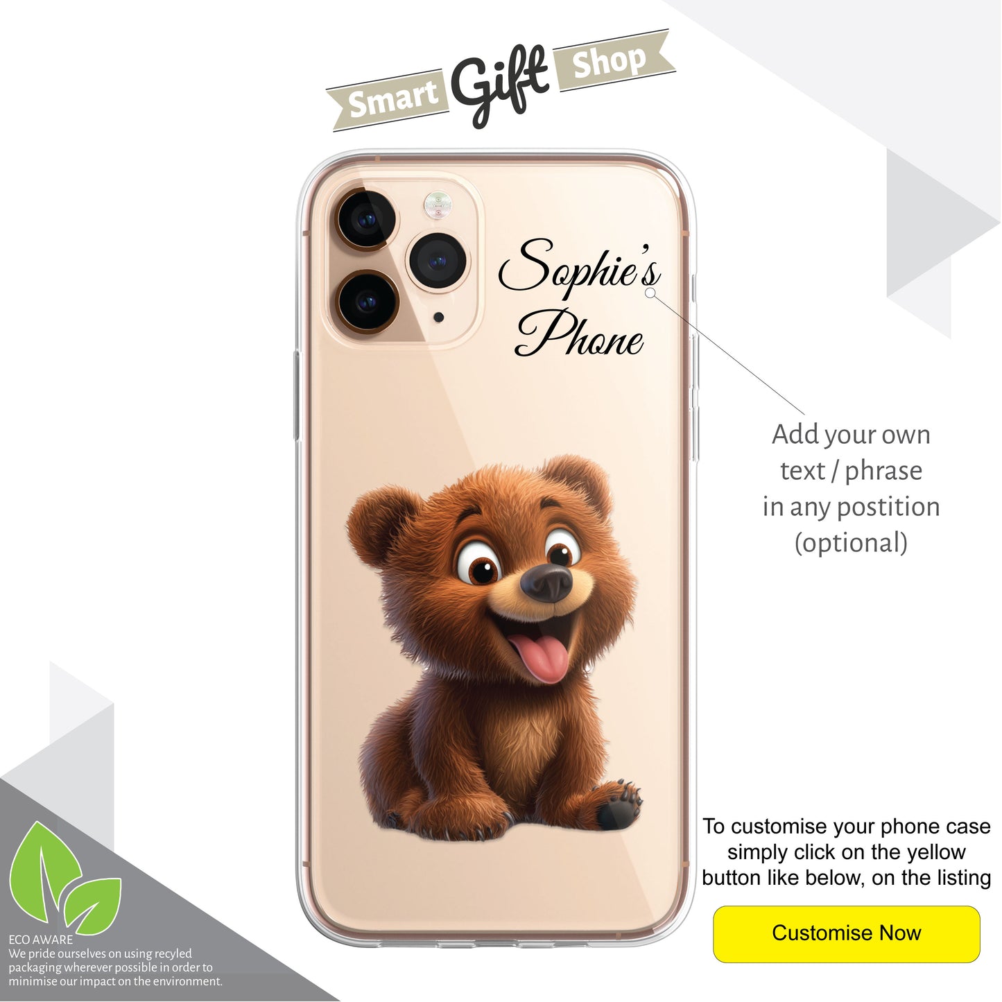 Grizzly Bear Custom Cartoon Phone Case Personalised CLEAR Cute Family Splatter Phone Cover Case for iPhone 16 15 14 13 12 11