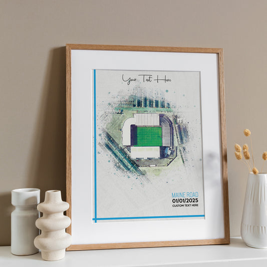 Manchester City 'Maine Road' Football Stadium Poster Artwork, Personalised Watercolour Art Print, Custom Aerial Layout - Framing options available ANY STADIUM Worldwide.