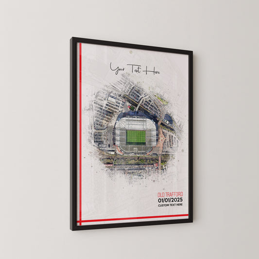Manchester United, 'Old Trafford' Football Stadium Poster Artwork, Personalised Watercolour Art Print, Custom Aerial Layout - Framing options available ANY STADIUM Worldwide.