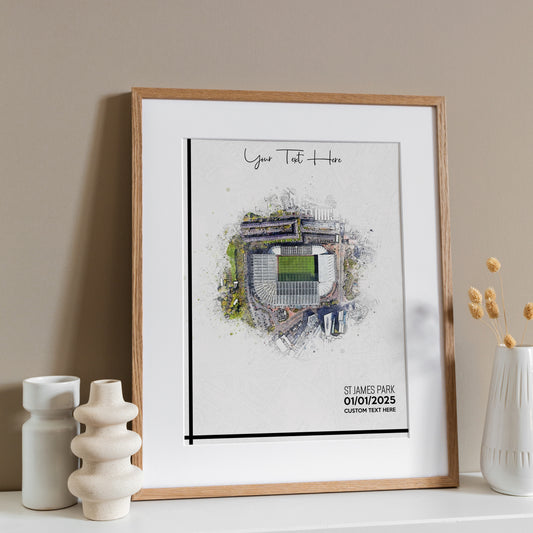 Newcastle United, 'St James' Park' Football Stadium Poster Artwork, Personalised Watercolour Art Print, Custom Aerial Layout - Framing options available ANY STADIUM Worldwide.