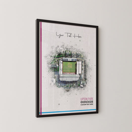 West Ham United, 'Upton Park' Football Stadium Poster Artwork, Personalised Watercolour Art Print, Custom Aerial Layout - Framing options available ANY STADIUM Worldwide.