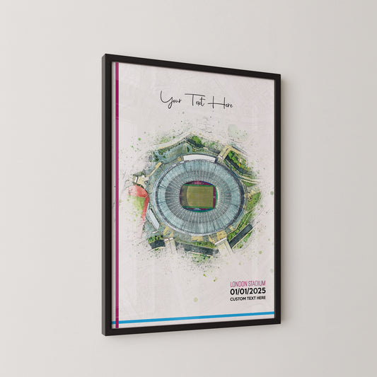West Ham United, 'London Stadium' Football Stadium Poster Artwork, Personalised Watercolour Art Print, Custom Aerial Layout - Framing options available ANY STADIUM Worldwide.