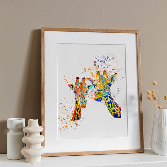 Rainbow Giraffe Portrait Splatter Style Artwork Fine Art Print (Unframed)