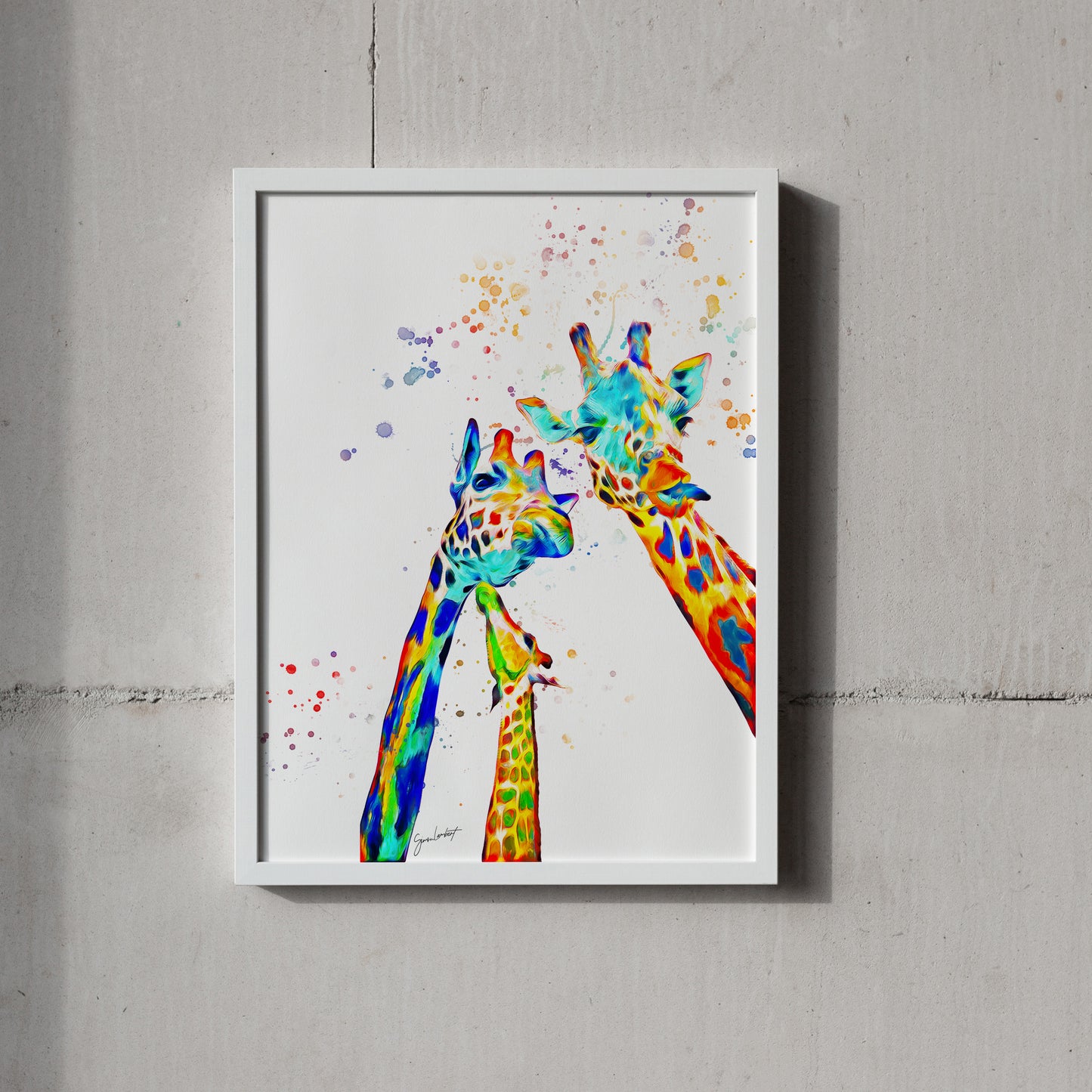 Rainbow Giraffe Portrait Splatter Style Artwork Fine Art Print (Unframed)