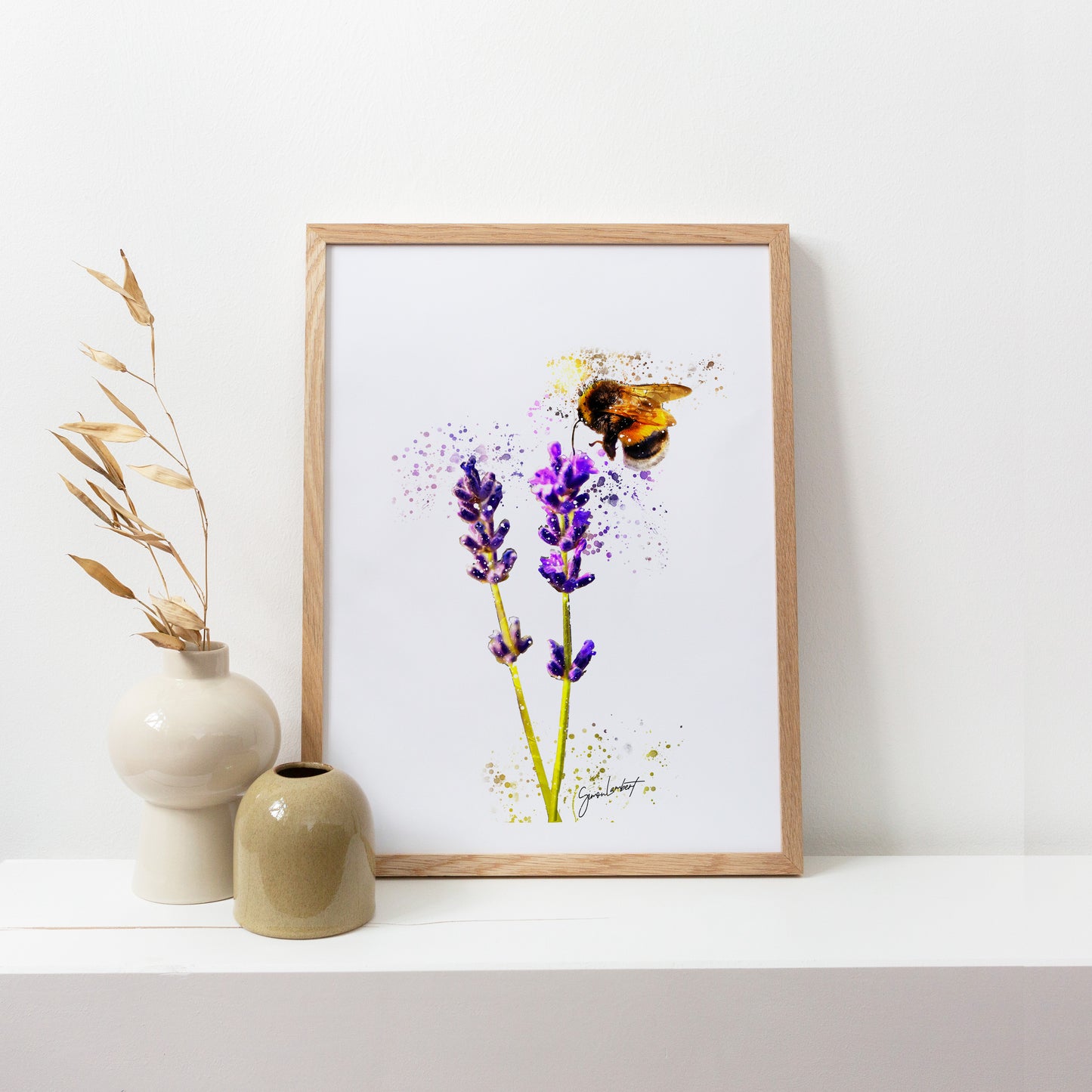 Bumblebee Lavender Plant Portrait Splatter Style Artwork Fine Art Print (Unframed)
