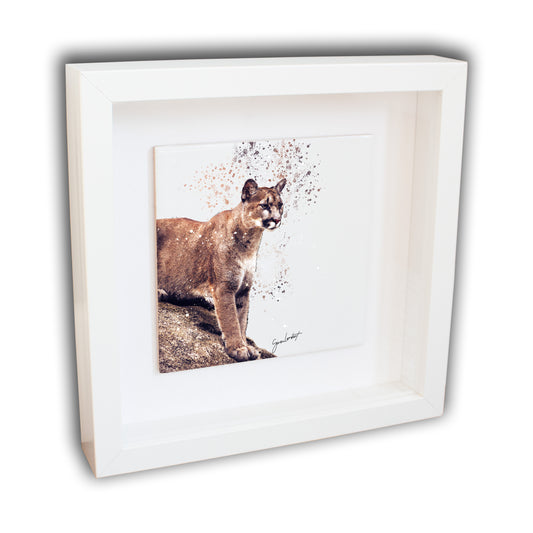 Cougar Portrait Brush Splatter Style Artwork - Framed CERAMIC TILE Art