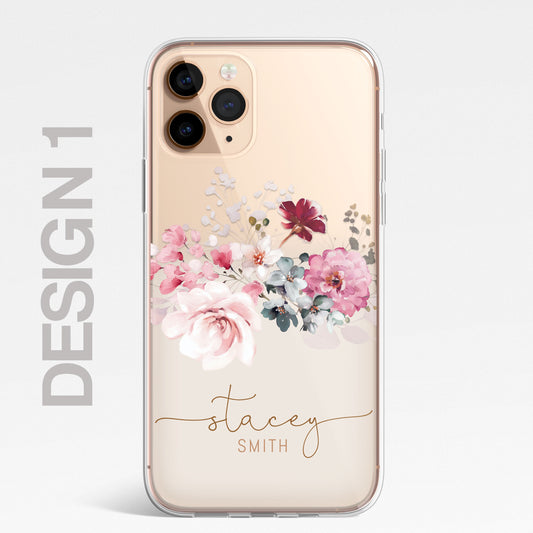 Personalised Floral Silicone CLEAR Phone Case Cover Pastel for iPhone 14 13 12 +