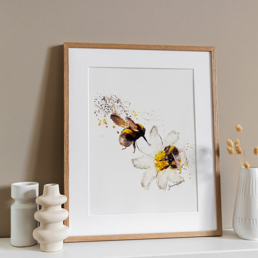Bumblebee Flower Portrait Splatter Style Artwork Fine Art Print (Unframed)