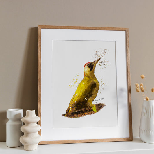 Green Wood Pecker Portrait Splatter Style Artwork Fine Art Print (Unframed)