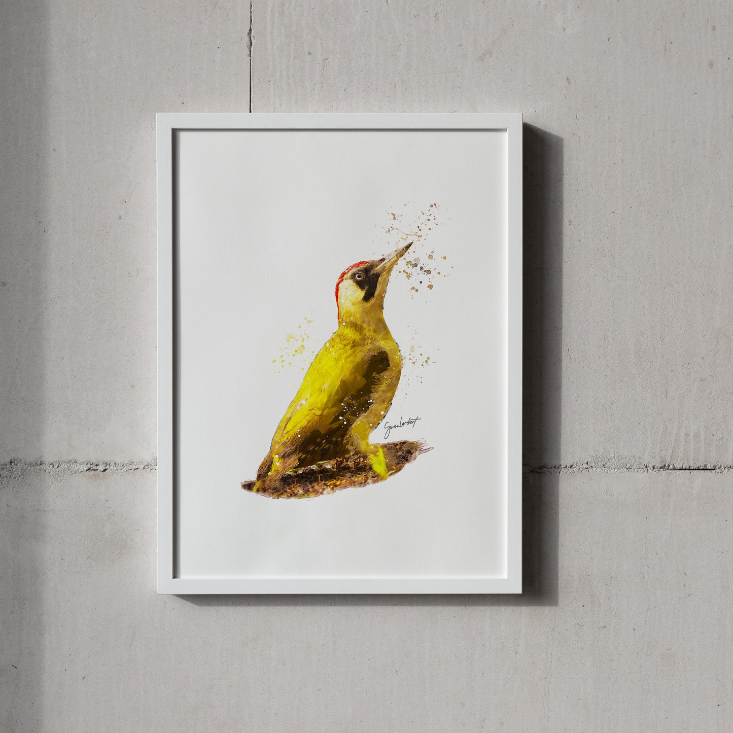 Green Wood Pecker Portrait Splatter Style Artwork Fine Art Print (Unframed)