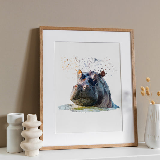 Hippo Portrait Splatter Style Artwork Fine Art Print (Unframed)