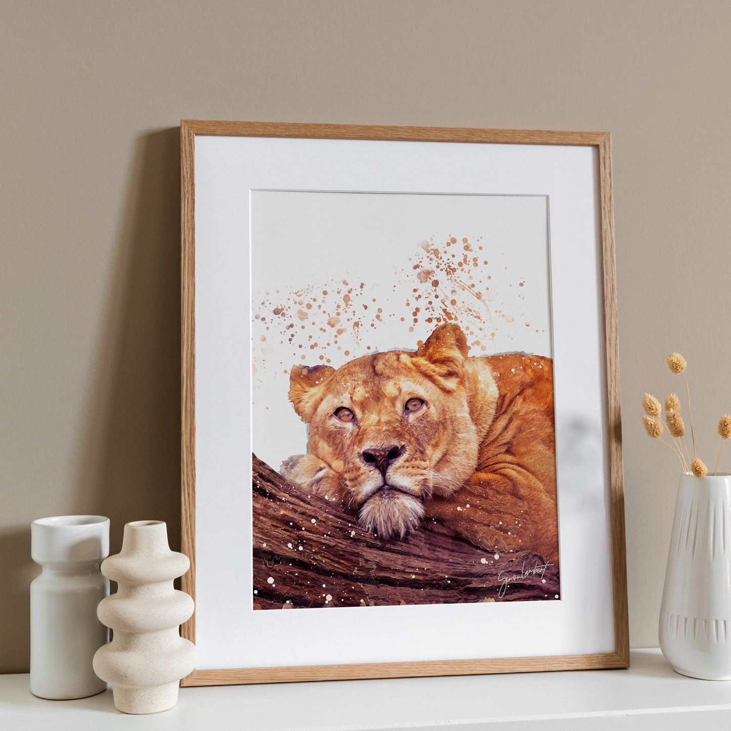 Lioness Portrait Splatter Style Artwork Fine Art Print (Unframed)