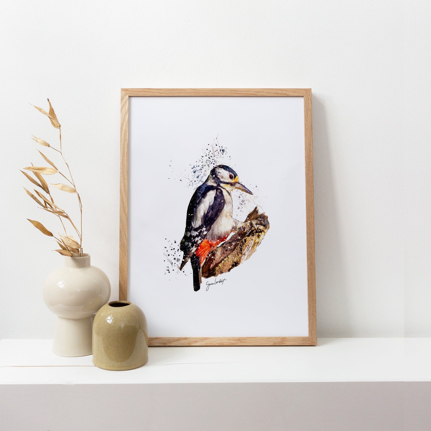 Spotted Wood Pecker Portrait Splatter Style Artwork Fine Art Print (Unframed)