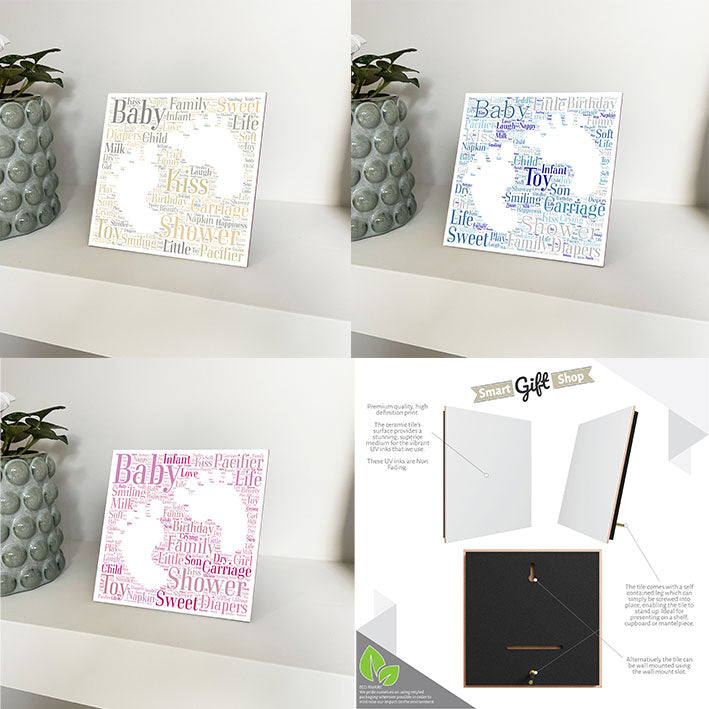 Personalised Baby Celebration Artwork- Framed CERAMIC TILE Print - Baby Feet Design