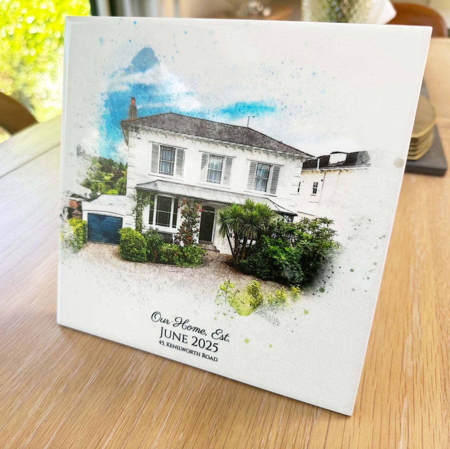 Personalised New Home / House Watercolour Style Artwork on Mounted Ceramic Tile