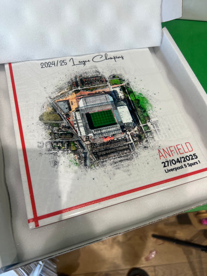 Personalised Football Stadium Aerial Watercolour Style Artwork on Mounted Ceramic Tile