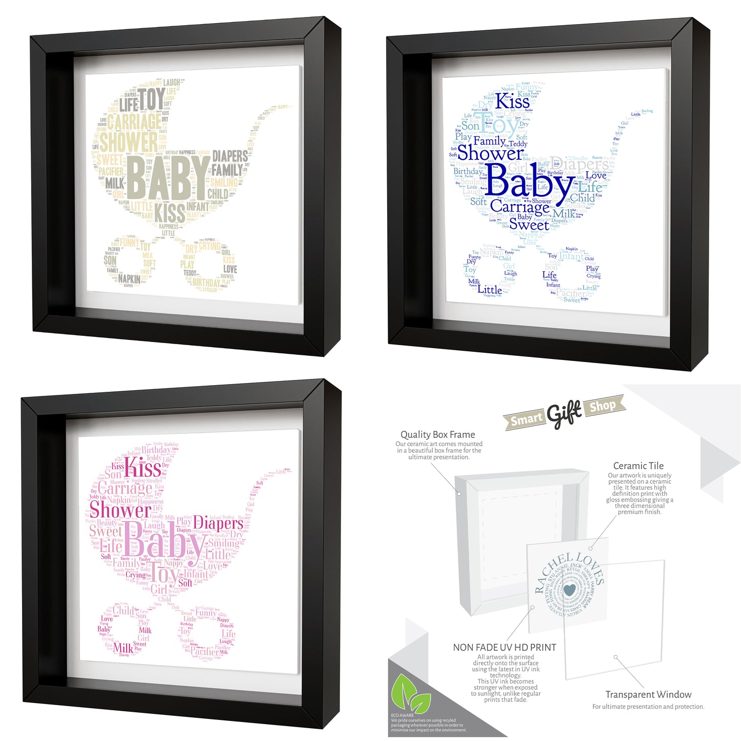 Personalised Baby Celebration Artwork - Framed CERAMIC TILE Print - Baby Pram Design