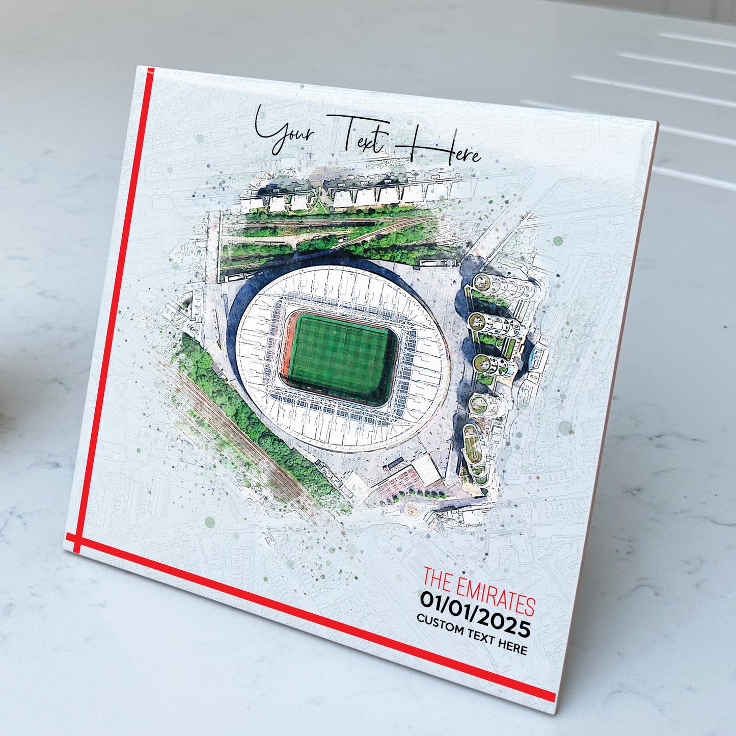 Personalised Football Stadium Aerial Watercolour Style Artwork on Mounted Ceramic Tile