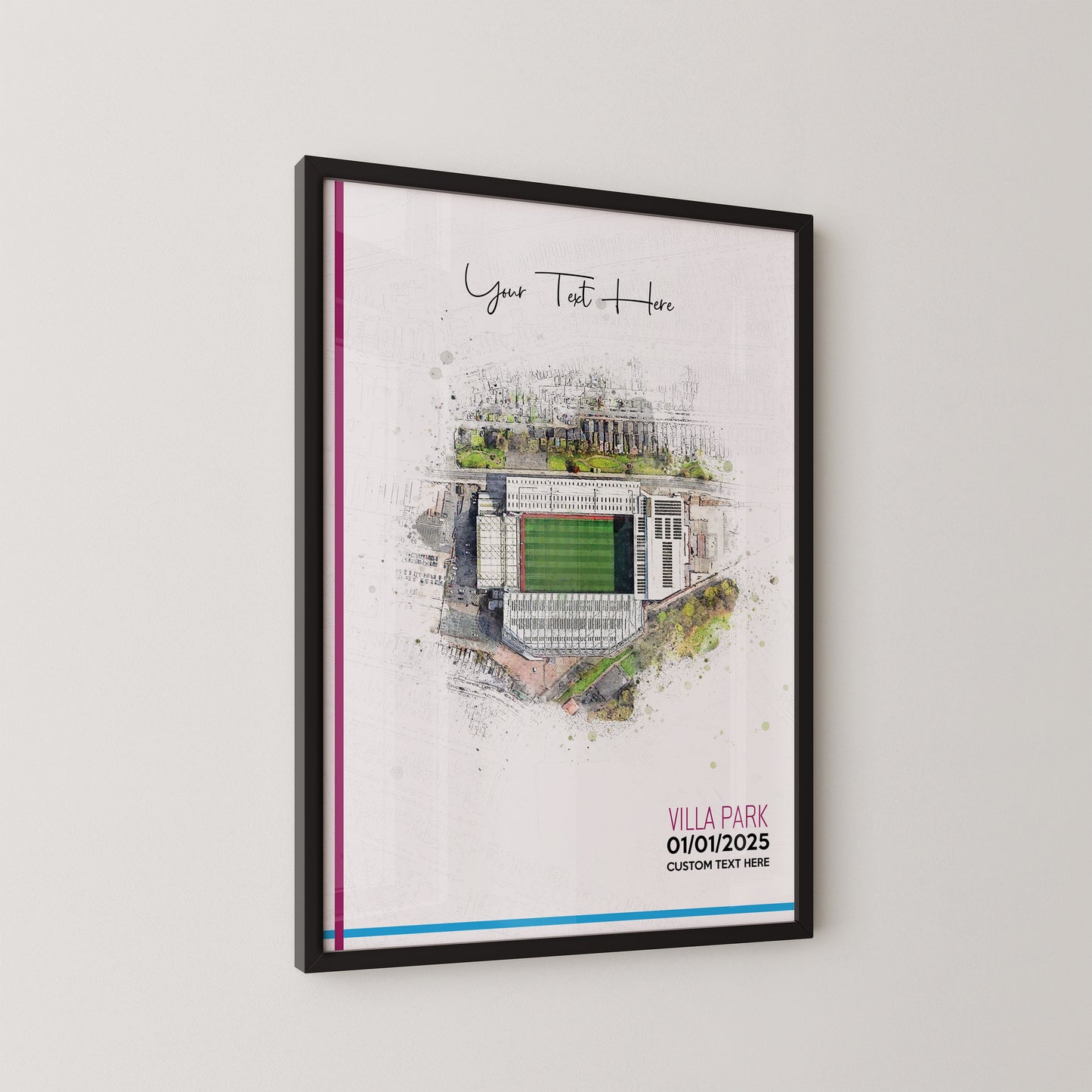 Aston Villa, 'Villa Park' Football Stadium Poster Artwork, Personalised Watercolour Art Print, Custom Aerial Layout - Framing options available ANY STADIUM Worldwide.