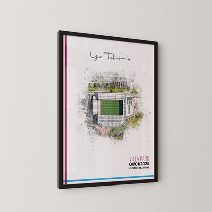 Aston Villa, 'Villa Park' Football Stadium Poster Artwork, Personalised Watercolour Art Print, Custom Aerial Layout - Framing options available ANY STADIUM Worldwide.