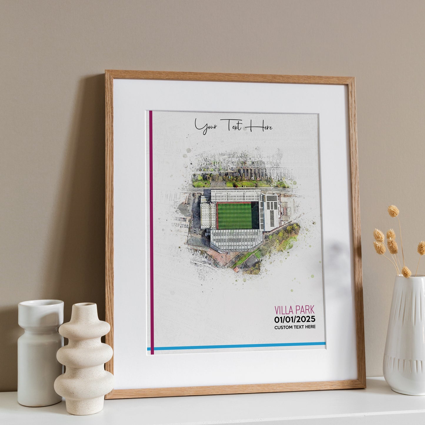 Aston Villa, 'Villa Park' Football Stadium Poster Artwork, Personalised Watercolour Art Print, Custom Aerial Layout - Framing options available ANY STADIUM Worldwide.