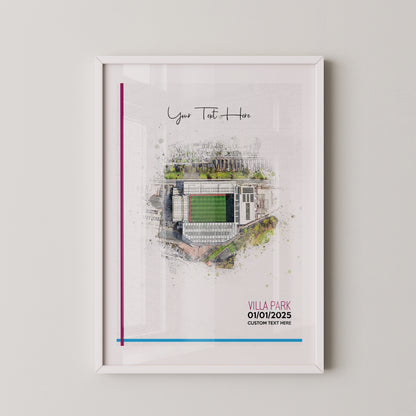 Aston Villa, 'Villa Park' Football Stadium Poster Artwork, Personalised Watercolour Art Print, Custom Aerial Layout - Framing options available ANY STADIUM Worldwide.