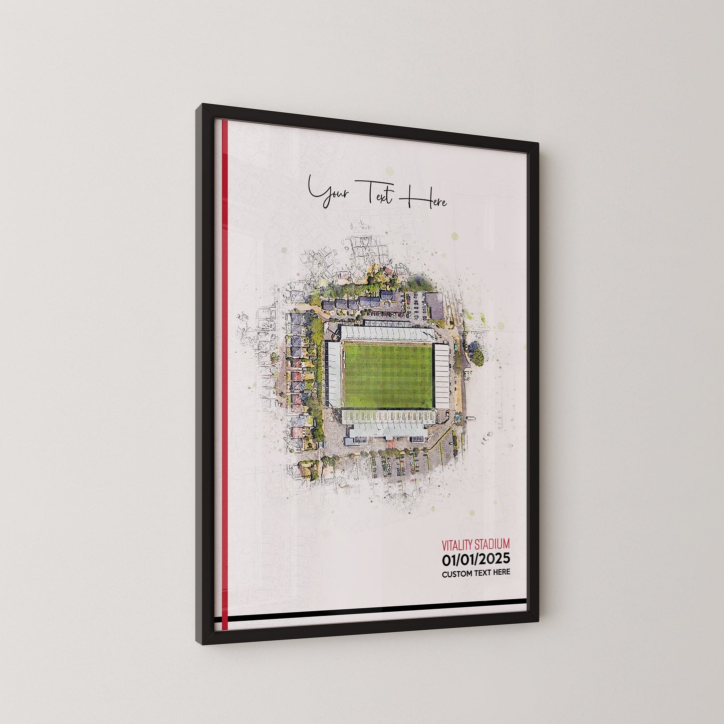 Bournemouth, 'Vitality Stadium' Football Stadium Poster Artwork, Personalised Watercolour Art Print, Custom Aerial Layout - Framing options available ANY STADIUM Worldwide.