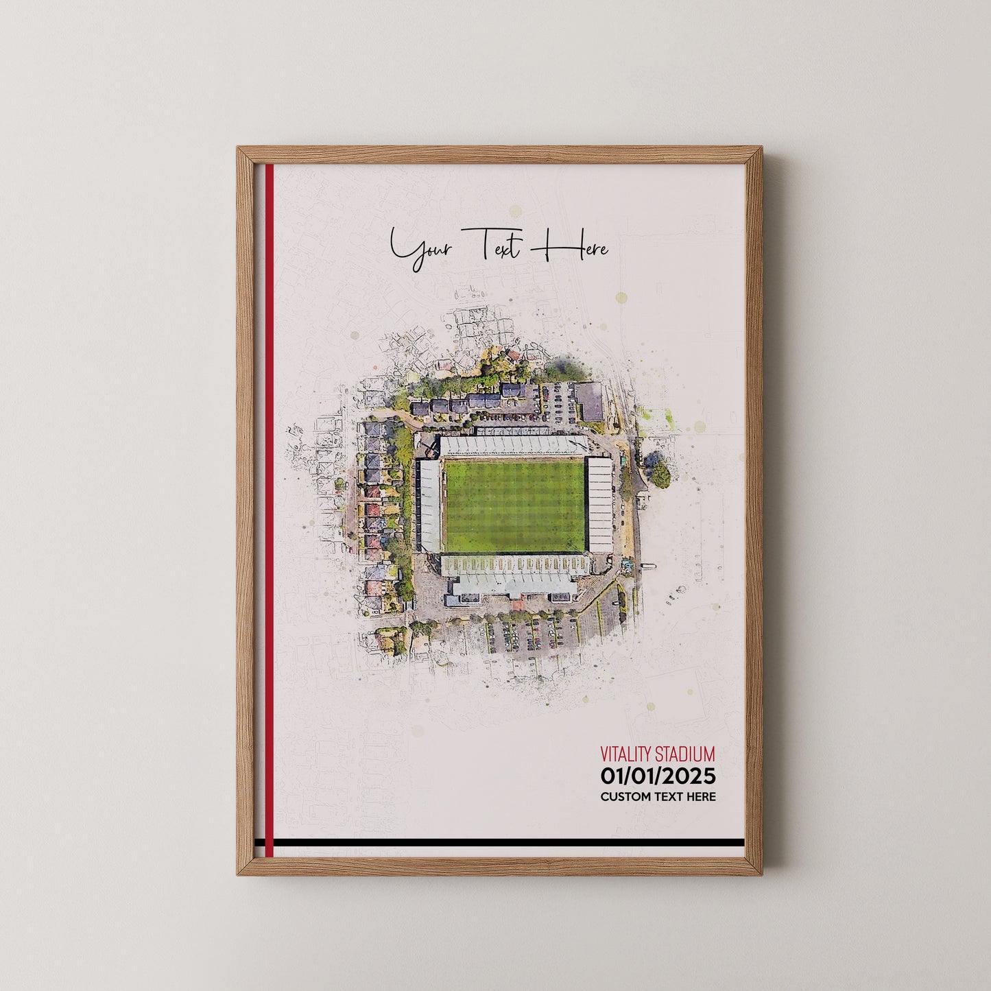 Bournemouth, 'Vitality Stadium' Football Stadium Poster Artwork, Personalised Watercolour Art Print, Custom Aerial Layout - Framing options available ANY STADIUM Worldwide.