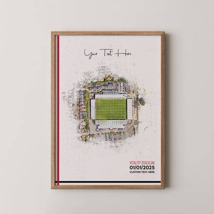 Bournemouth, 'Vitality Stadium' Football Stadium Poster Artwork, Personalised Watercolour Art Print, Custom Aerial Layout - Framing options available ANY STADIUM Worldwide.