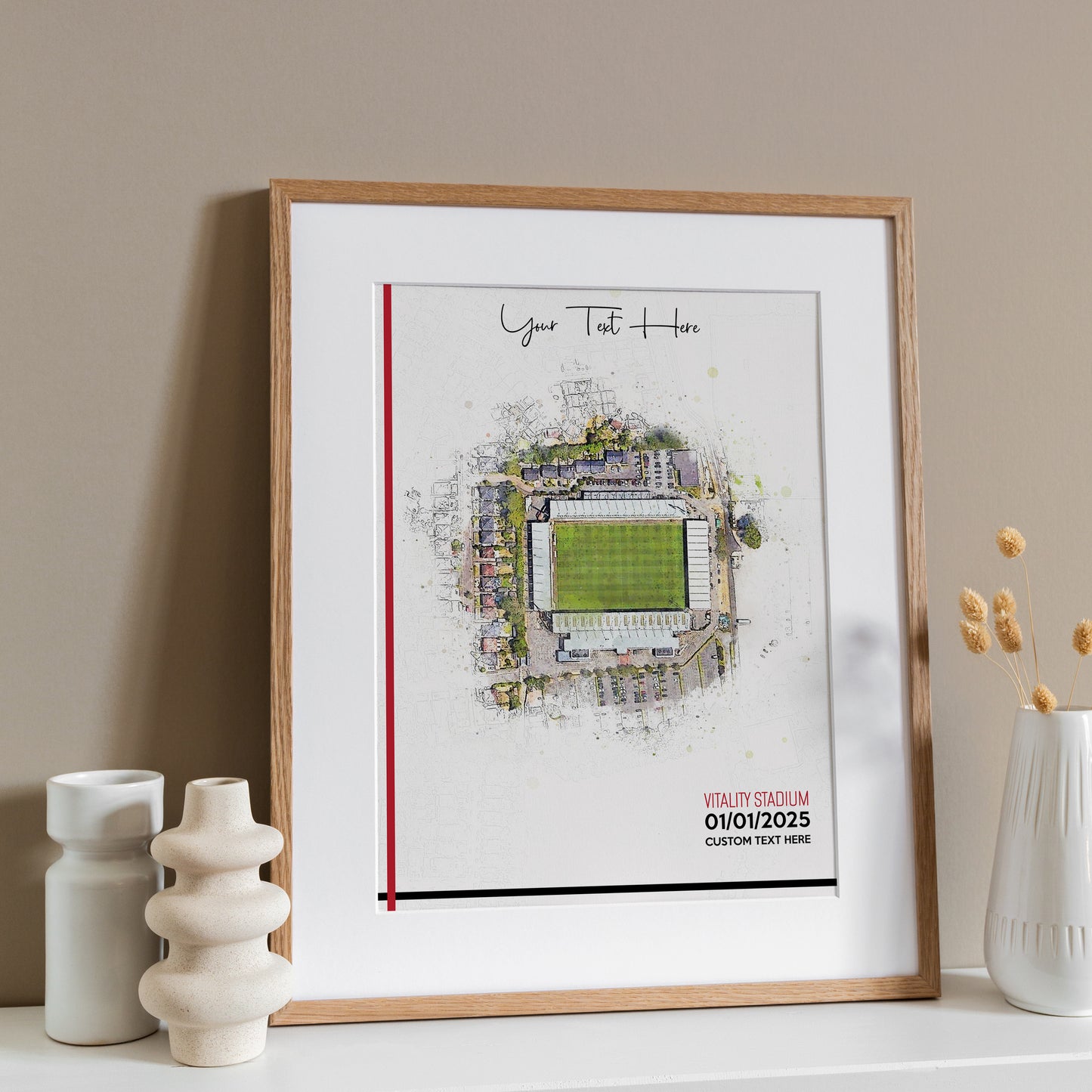 Bournemouth, 'Vitality Stadium' Football Stadium Poster Artwork, Personalised Watercolour Art Print, Custom Aerial Layout - Framing options available ANY STADIUM Worldwide.