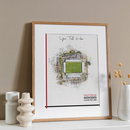Bournemouth, 'Vitality Stadium' Football Stadium Poster Artwork, Personalised Watercolour Art Print, Custom Aerial Layout - Framing options available ANY STADIUM Worldwide.