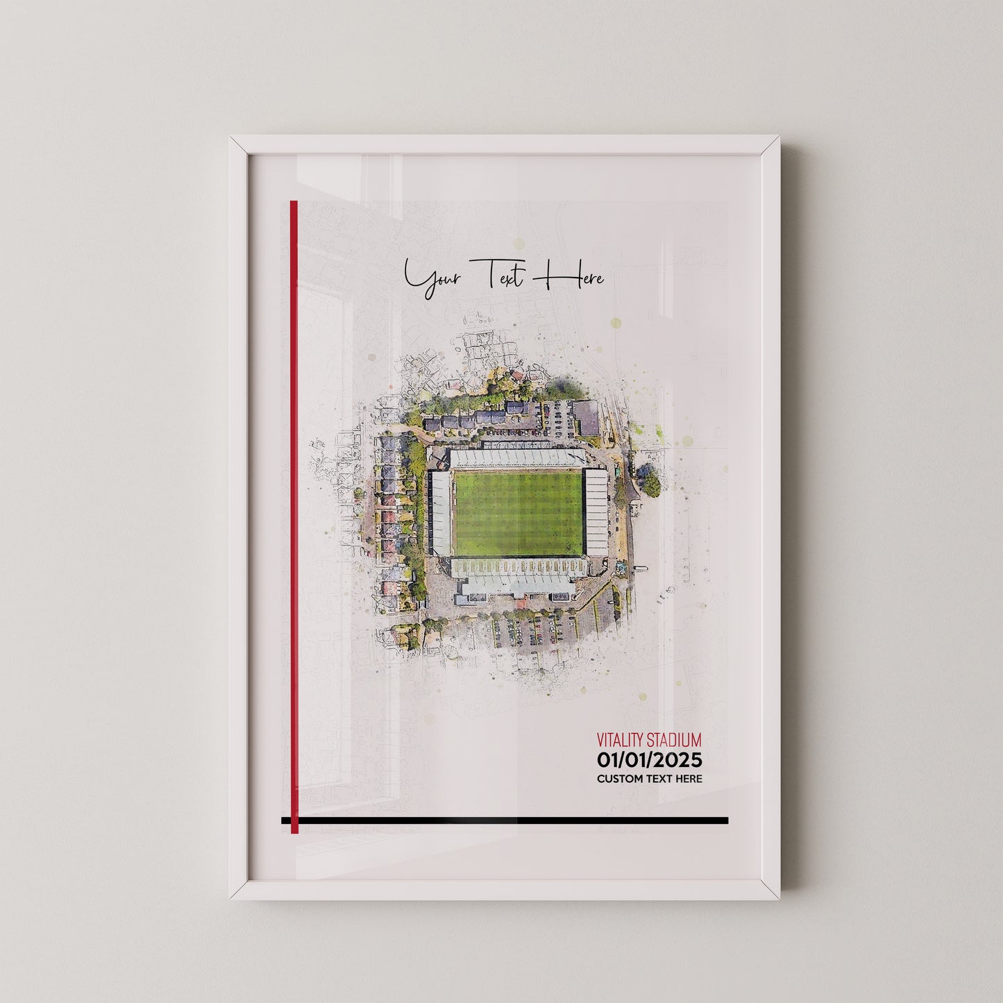 Bournemouth, 'Vitality Stadium' Football Stadium Poster Artwork, Personalised Watercolour Art Print, Custom Aerial Layout - Framing options available ANY STADIUM Worldwide.