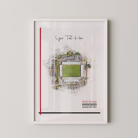 Bournemouth, 'Vitality Stadium' Football Stadium Poster Artwork, Personalised Watercolour Art Print, Custom Aerial Layout - Framing options available ANY STADIUM Worldwide.