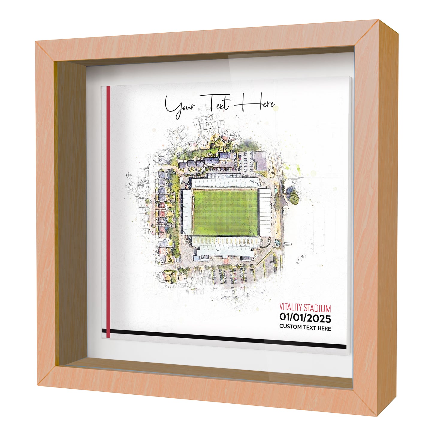 Framed Ceramic Tile Art: Personalised Football Stadium Art Print, Custom Aerial Map - ANY STADIUM Worldwide, Bespoke Text, Football Gift Keepsake