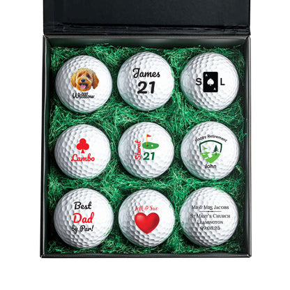 Personalised Branded 9 Golf Ball Set in Customised Box - Golfer's Gift, Father's Day, Wedding Favour, Birthday, Valentines, Pet Photo Text Logo