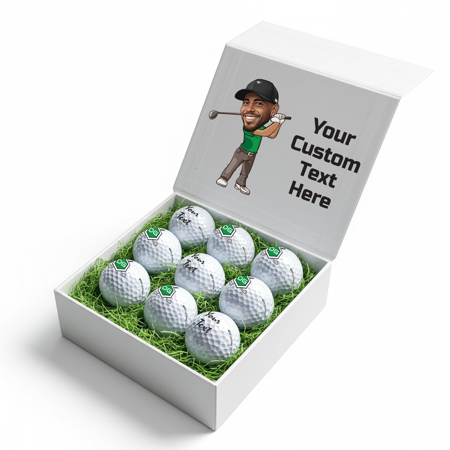 Personalised 9 Golf Ball Set in Customised Box - Your Own Caricature with Branded Balls: Novelty Golfer's Gift, Father's Day, Birthday