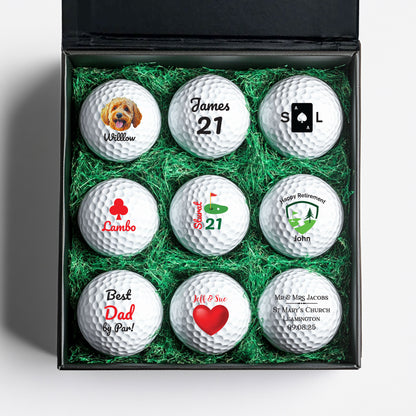 Personalised Branded 9 Golf Ball Set in Customised Box - Golfer's Gift, Father's Day, Wedding Favour, Birthday, Valentines, Pet Photo Text Logo