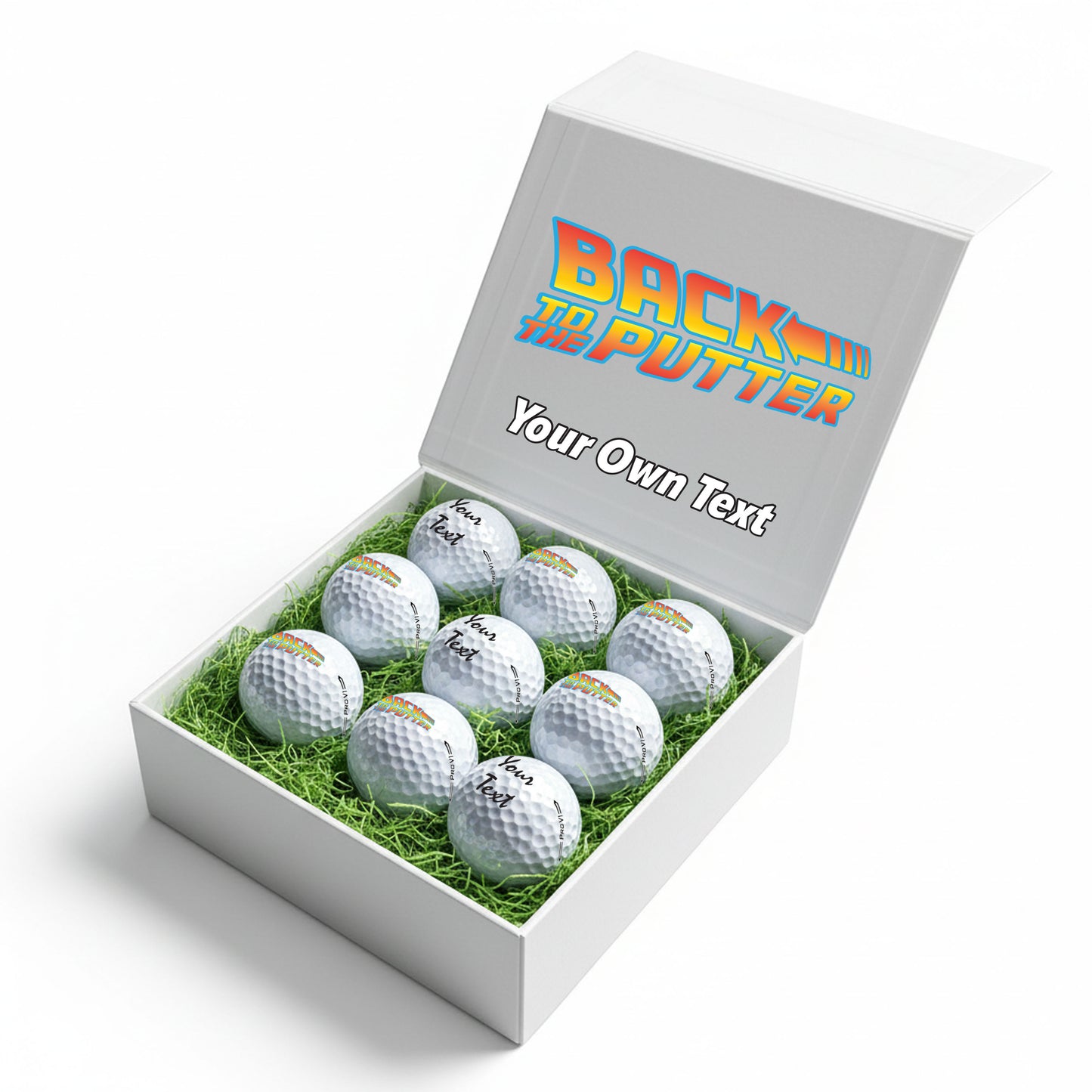 BACK TO THE PUTTER!: Personalised Branded 9 Golf Ball Set in Customised Box - Back to the Future Novelty Movie Terminator Themed Golfer's Gift, Father's Day, Retirement, Birthday