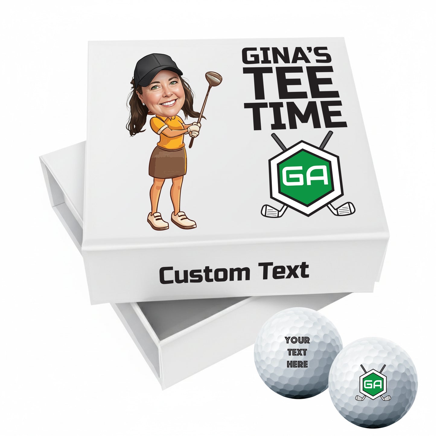 Personalised 9 Golf Ball Set in Customised Box - Your Own Caricature with Branded Balls: Novelty Golfer's Gift, Father's Day, Birthday