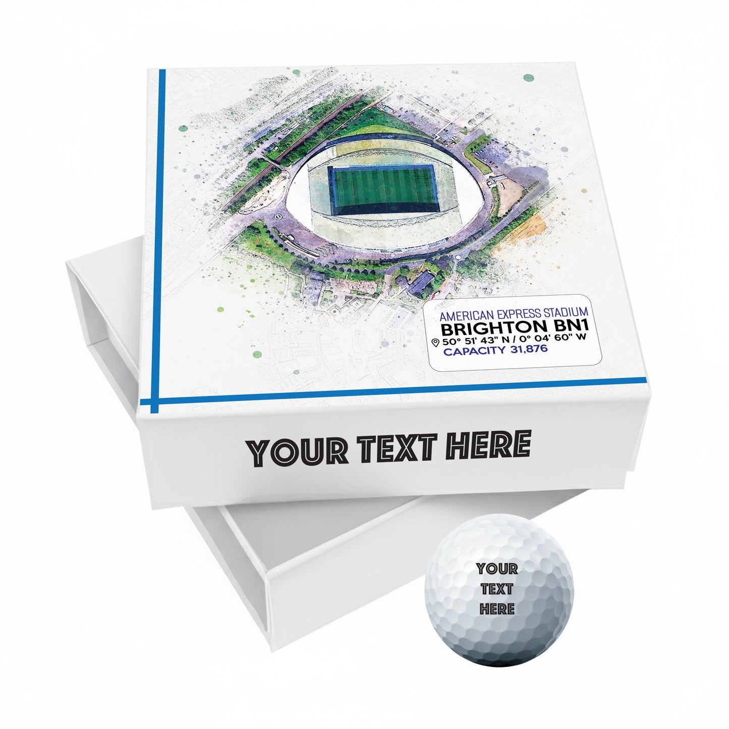 Personalised Branded 9 Golf Ball Set in Football Stadium Customised Box - Soccer Themed Golfer's Gift, Father's Day, Retirement, Birthday