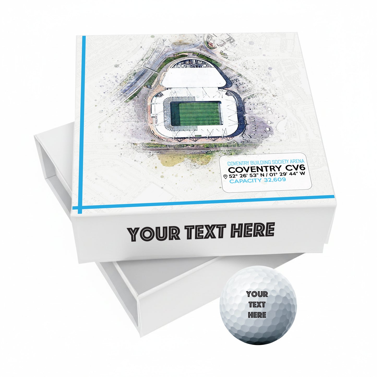 Personalised Branded 9 Golf Ball Set in Football Stadium Customised Box - Soccer Themed Golfer's Gift, Father's Day, Retirement, Birthday