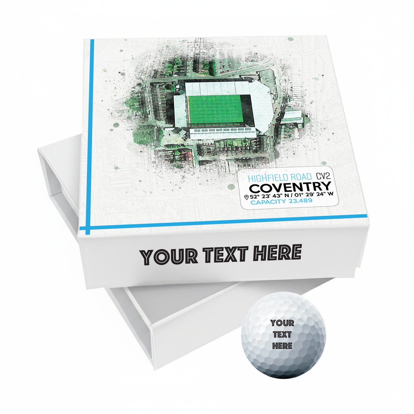 Personalised Branded 9 Golf Ball Set in Football Stadium Customised Box - Soccer Themed Golfer's Gift, Father's Day, Retirement, Birthday